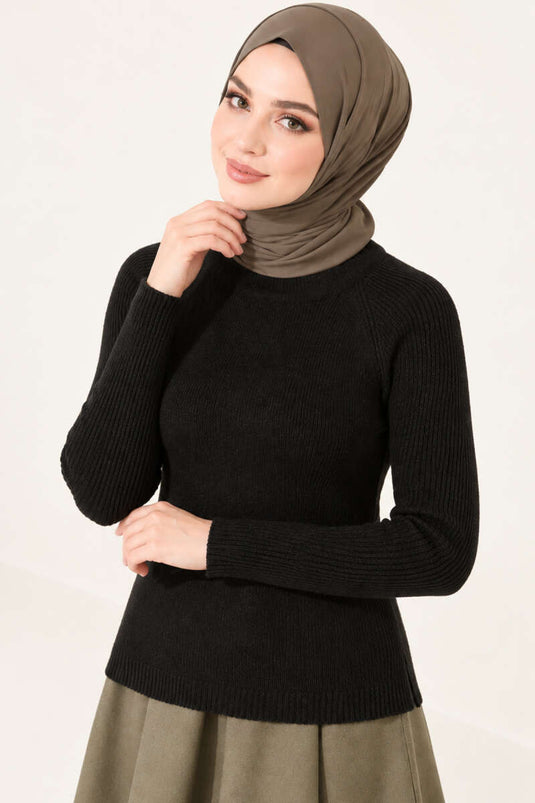 Şerit Detaylı Triko Kazak Siyah