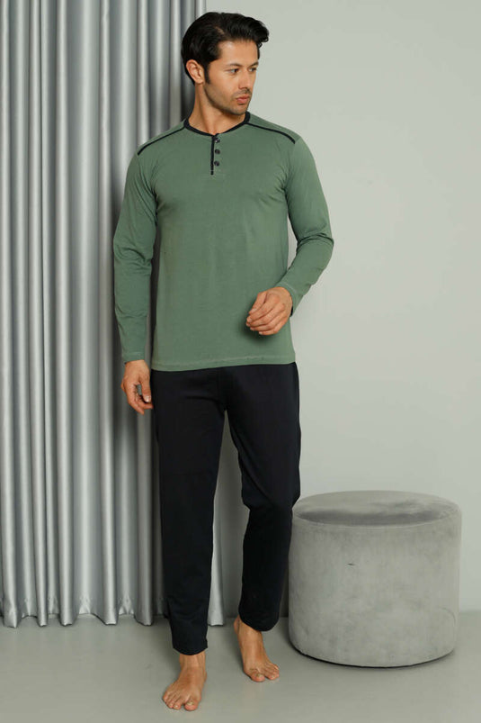 طقم بيجامة رجالي بأكمام طويلة مع تفاصيل شريطية باللون الأخضر