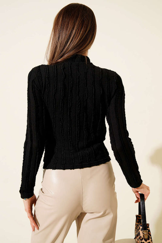 Şerit Fırfırlı Balıkçı Yaka Bluz Siyah