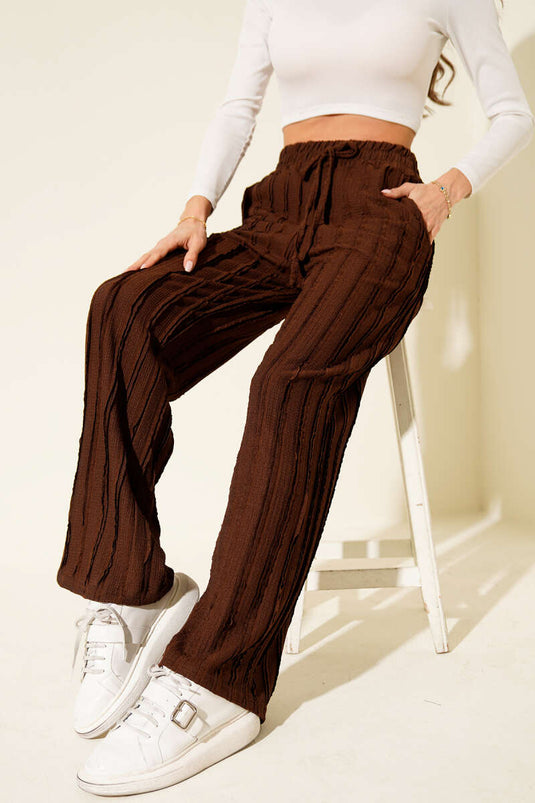 Pantalon rayé à volants et taille élastique, marron