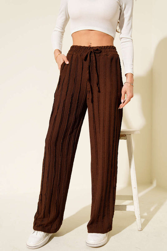 Striped Ruffled Elastic Waist Trousers, Brown