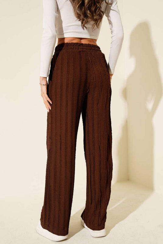 Striped Ruffled Elastic Waist Trousers, Brown