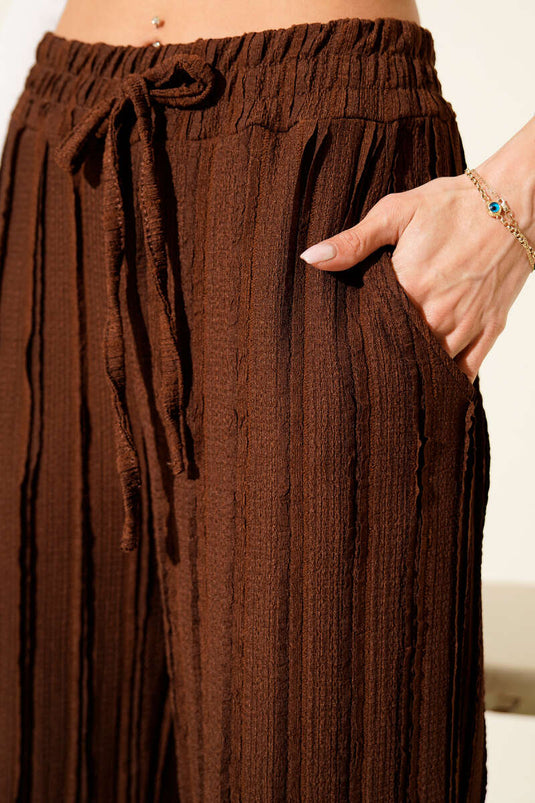 Pantalon rayé à volants et taille élastique, marron