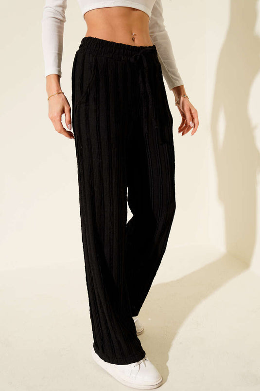 Pantalon rayé à volants et taille élastique, noir