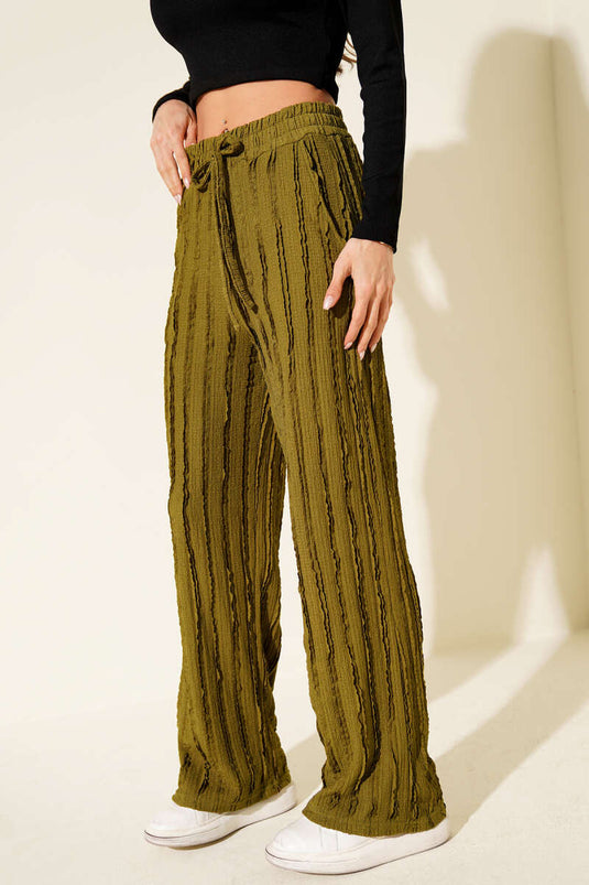 Pantalon rayé à volants et taille élastique, vert olive
