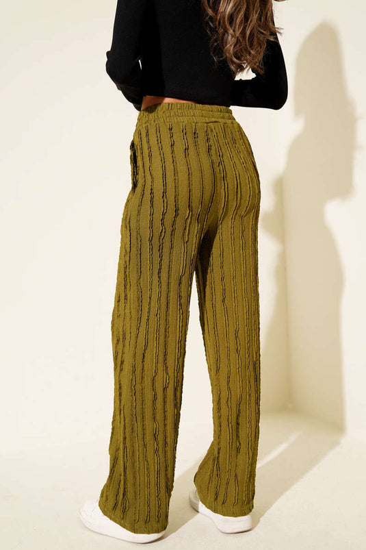 Pantalon rayé à volants et taille élastique, vert olive
