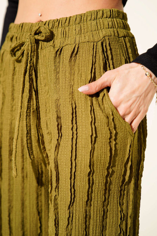 Pantalon rayé à volants et taille élastique, vert olive