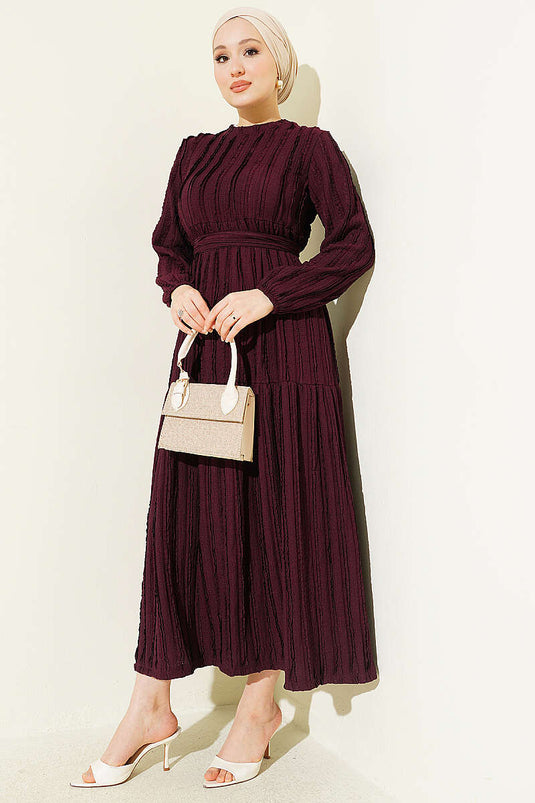 Striped Ruffled Belted Dress Plum