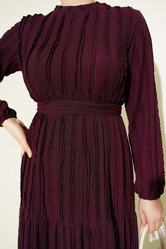 Striped Ruffled Belted Dress Plum