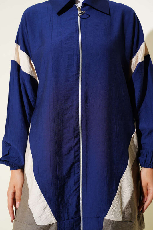 Costume deux pièces à rayures et fermeture éclair bleu marine beige