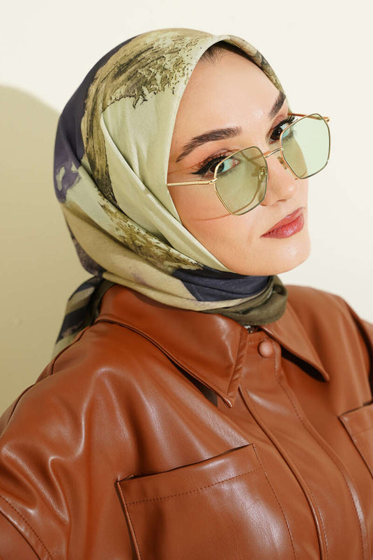 Şerit Geçişli Desen Detaylı Eşarp Haki