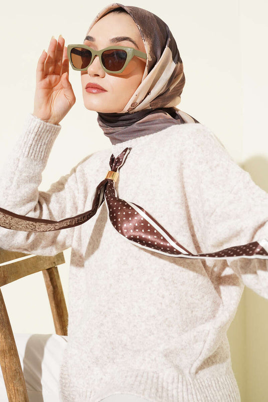 Şerit Geçişli Desen Detaylı Eşarp Vizon