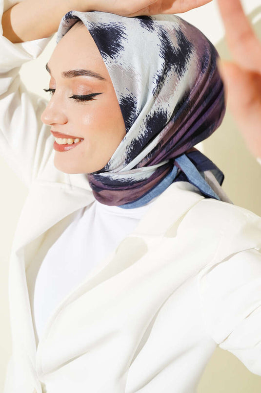 Şerit Geçişli Desenli Bambu Eşarp Lacivert