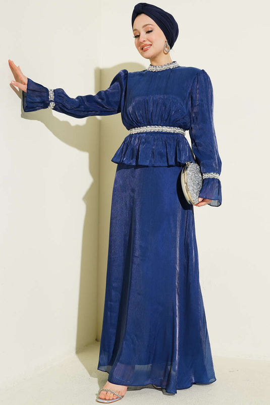 Evening Dress with Ribbon and Stone Decoration Navy Blue