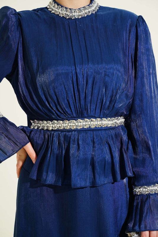 Evening Dress with Ribbon and Stone Decoration Navy Blue