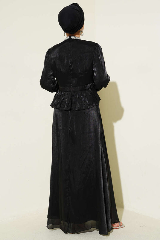 Evening Dress with Ribbon and Stone Decoration Black