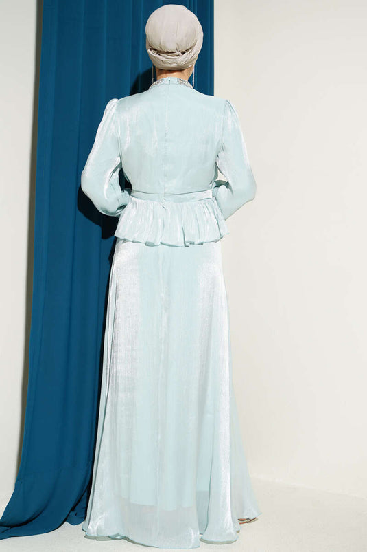 Evening Dress with Stripe Stone Embellishment in Aqua Green