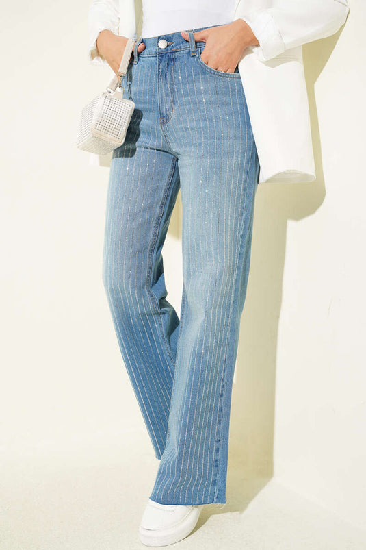 Pantalon Large À Rayures Et Orné En Bleu Clair