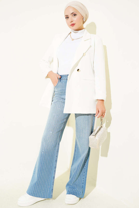 Pantalon Large À Rayures Et Orné En Bleu Clair