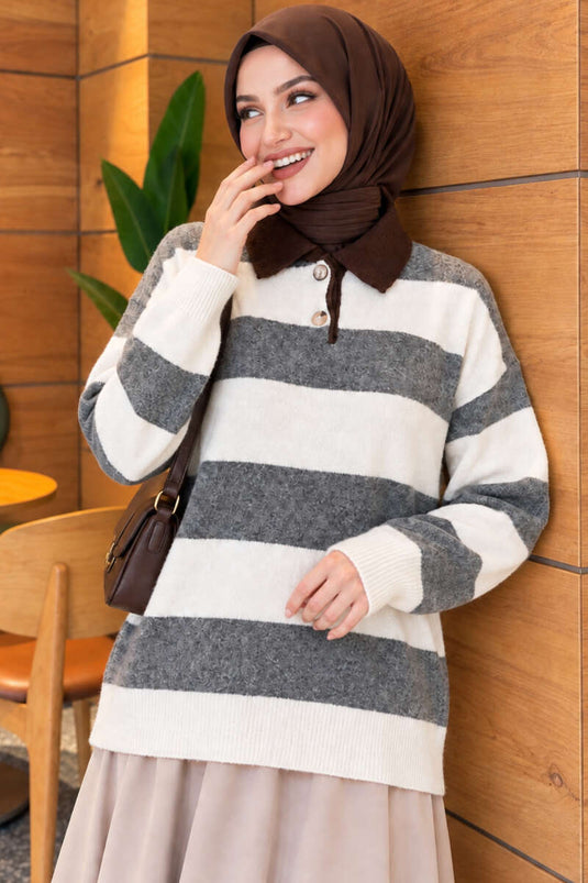 Maglione A Righe Con Bottoni Grigio