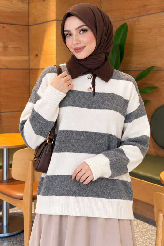 Maglione A Righe Con Bottoni Grigio