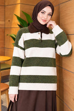 Pull En Maille À Boutons Vert Rayé