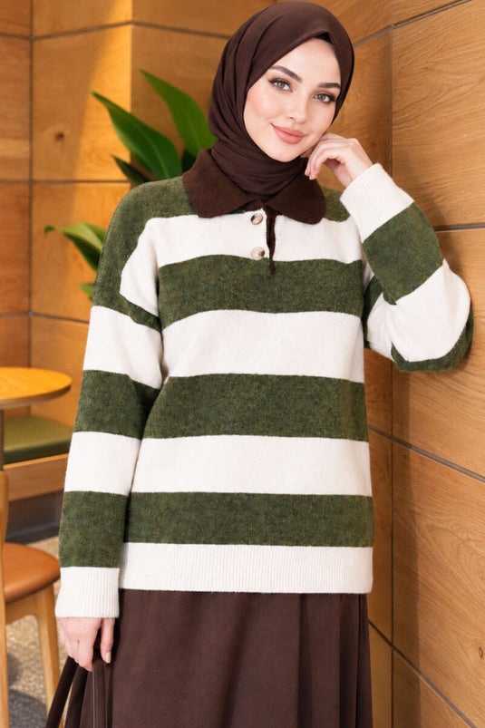 Pull En Maille À Boutons Vert Rayé