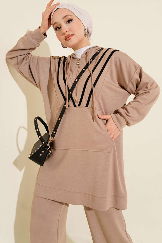 Gestreiftes Loisha-Zweiteiler-Set mit halbem Reißverschluss, Beige