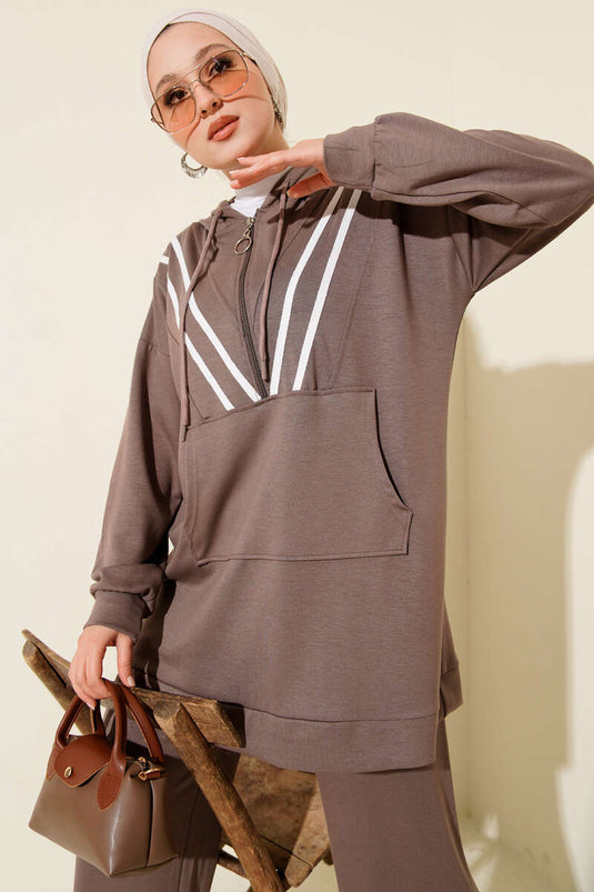 Gestreiftes Loisha-Zweiteiler-Set mit halbem Reißverschluss, Nerz