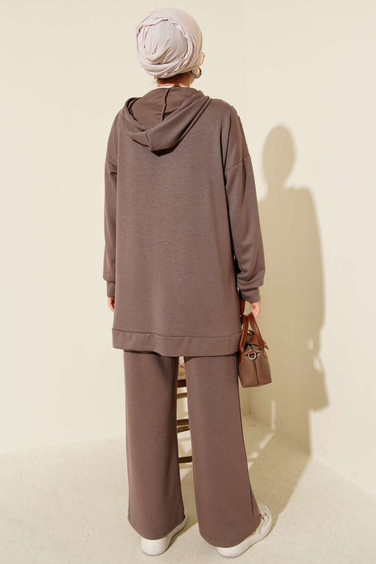 Gestreiftes Loisha-Zweiteiler-Set mit halbem Reißverschluss, Nerz