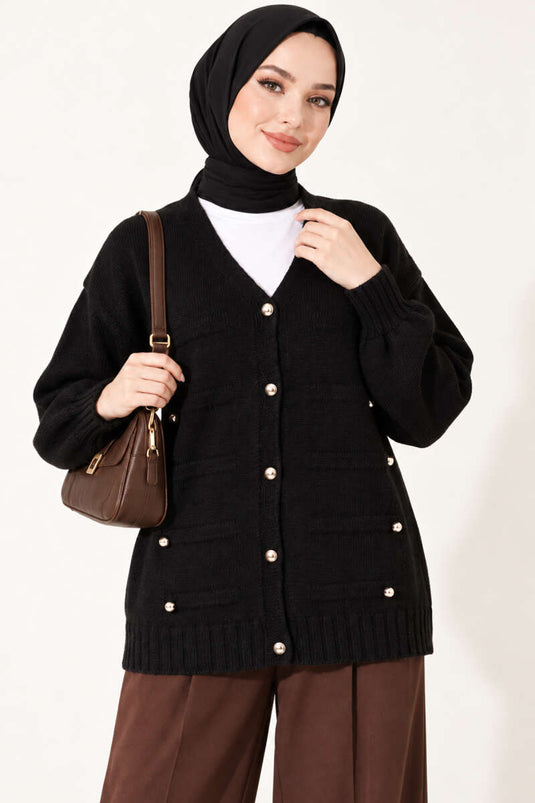 Schwarzer Strickcardigan Mit Knopfdetails