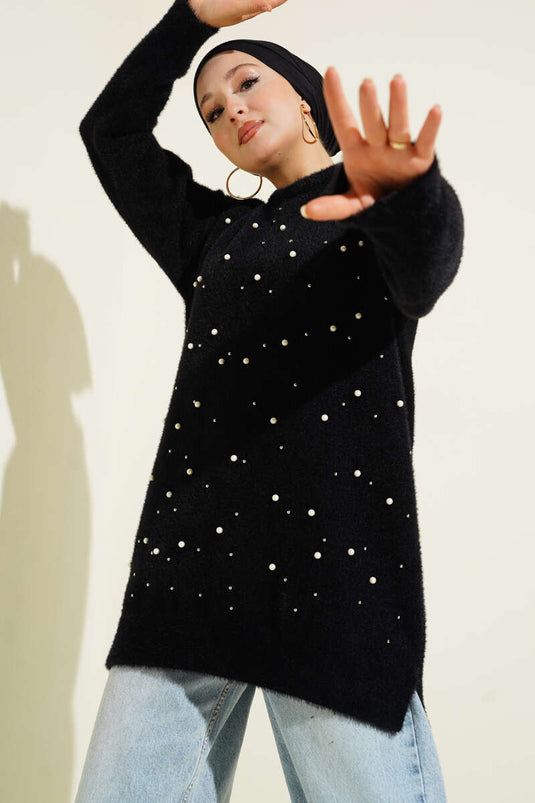 Bearded Tunic with Sprinkled Pearls, Black