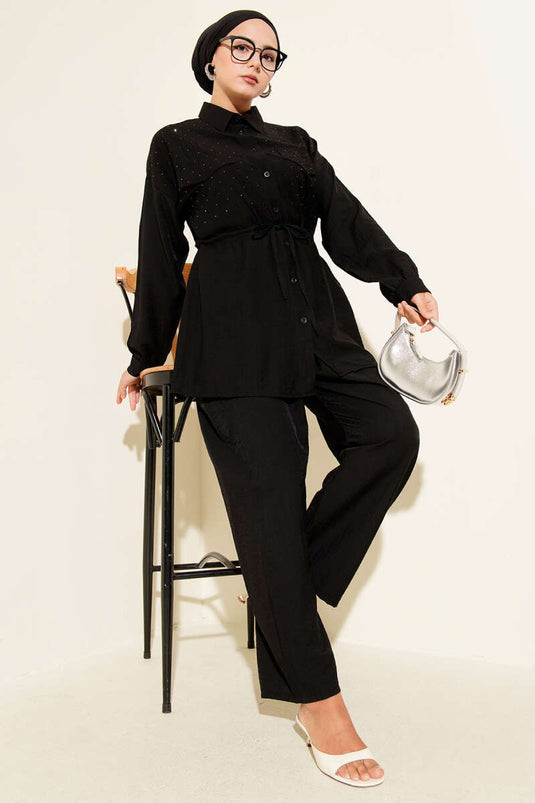 Two Piece Set Black with Sprinkled Stone Detail