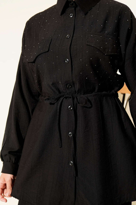 Two Piece Set Black with Sprinkled Stone Detail