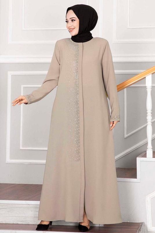 Besprenkelter Stein Detaillierter Hijab Abaya Beige