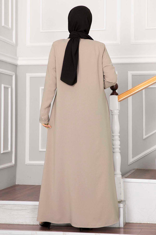 Besprenkelter Stein Detaillierter Hijab Abaya Beige