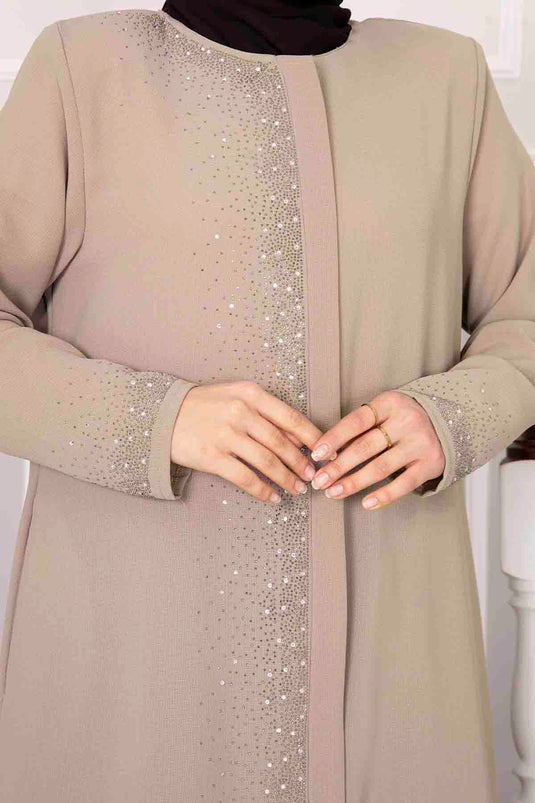 Besprenkelter Stein Detaillierter Hijab Abaya Beige