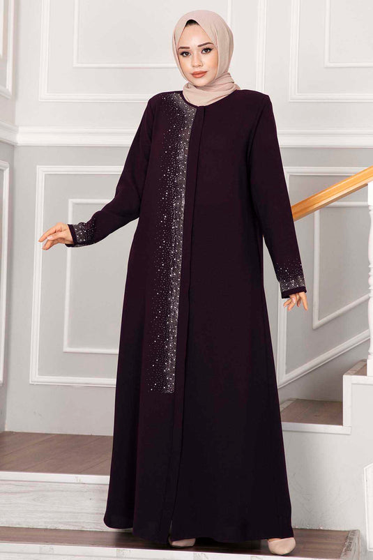 عباية حجاب بتفاصيل حجرية مرشوش باللون الأحمر البرقوق