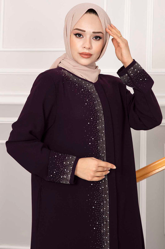 Hijab Abaya with Sprinkled Stone Detail Damson