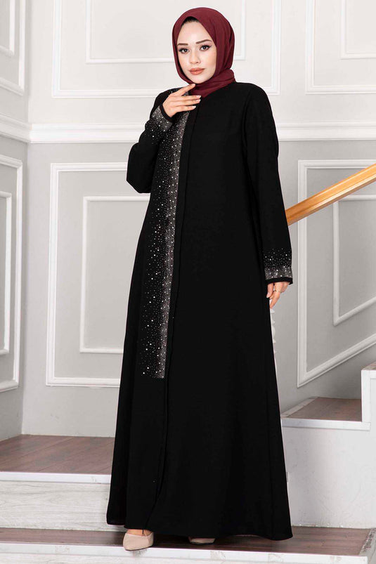 Besprenkelter Stein Detaillierter Hijab Abaya Schwarz