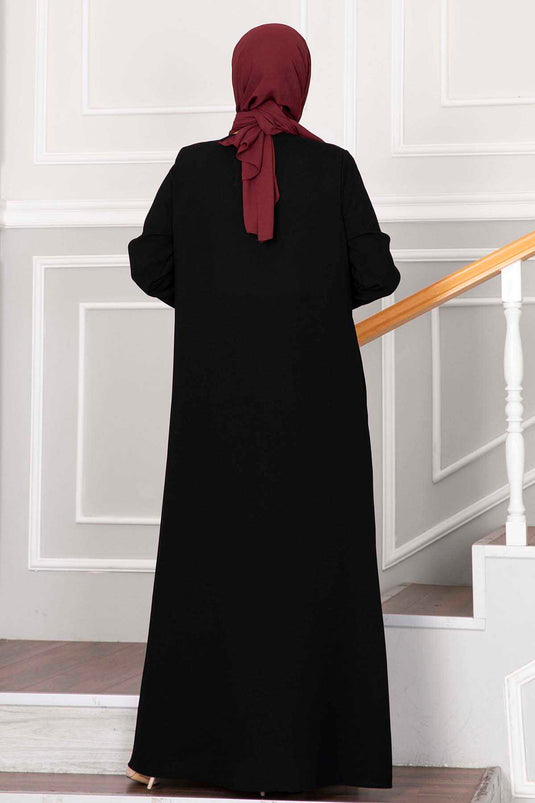 Besprenkelter Stein Detaillierter Hijab Abaya Schwarz