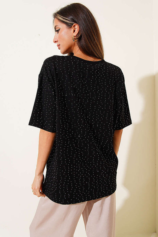 Serpme Taşlı Basic T-shirt Siyah