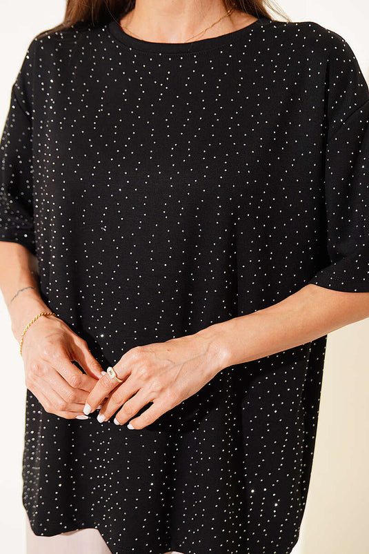 Serpme Taşlı Basic T-shirt Siyah