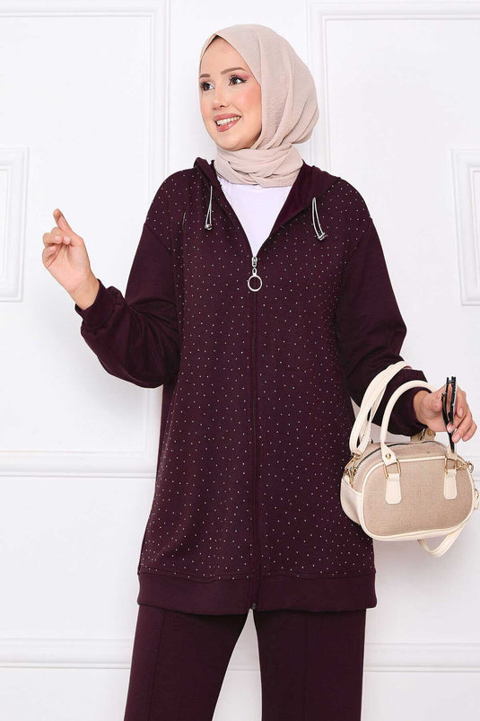 Serpme Taşlı Fermuarlı Oyşo İkili Takım Bordo