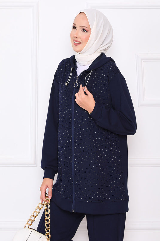 طقم أويشو من قطعتين مزين بأحجار متناثرة وسحاب، باللون الأزرق الداكن