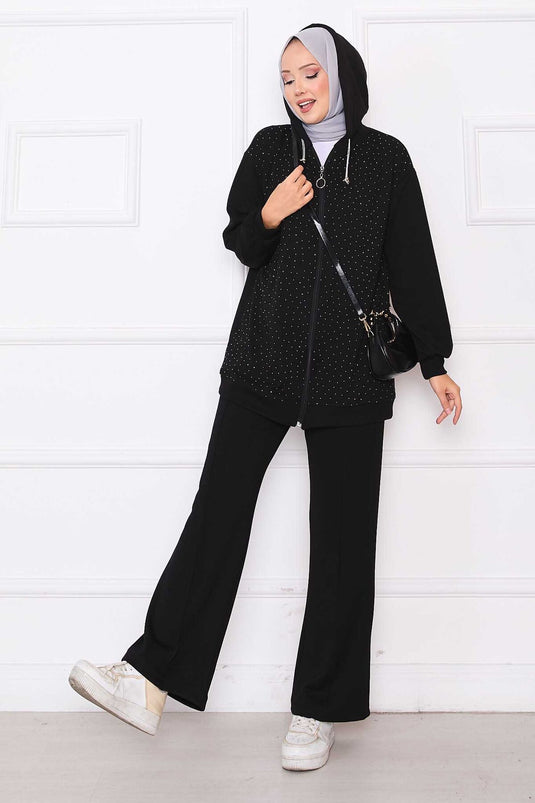 بدلة أويسو من قطعتين مرصعة بالأحجار وسحّاب، لون أسود