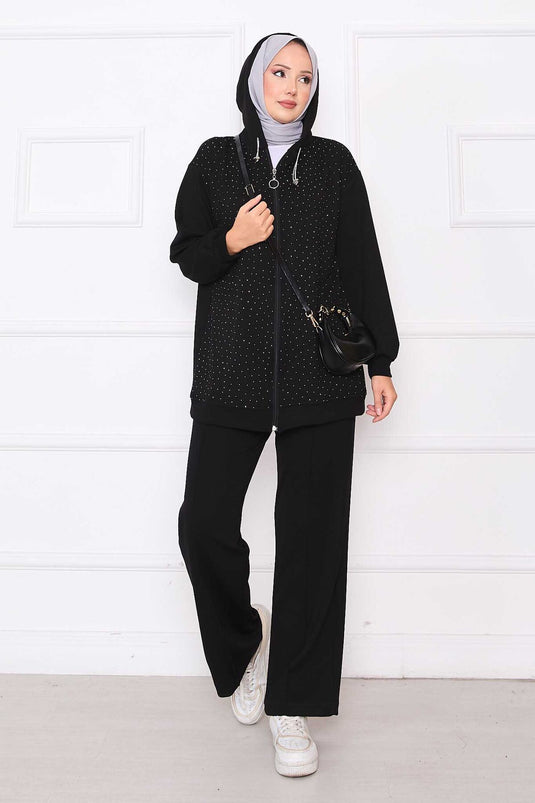 بدلة أويسو من قطعتين مرصعة بالأحجار وسحّاب، لون أسود