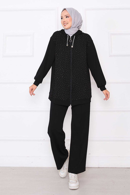 بدلة أويسو من قطعتين مرصعة بالأحجار وسحّاب، لون أسود