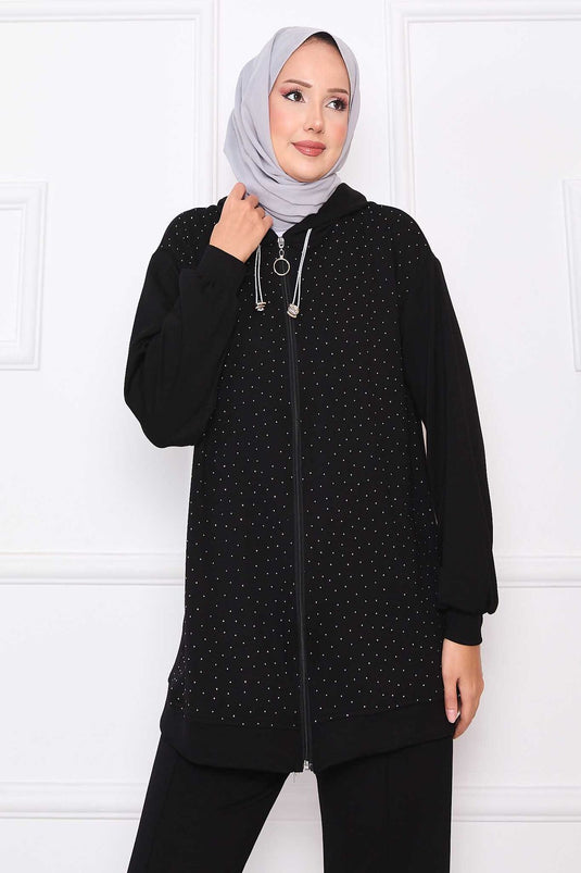 بدلة أويسو من قطعتين مرصعة بالأحجار وسحّاب، لون أسود