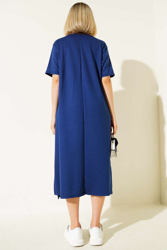 Robe midi bleu marine à pierres éparses